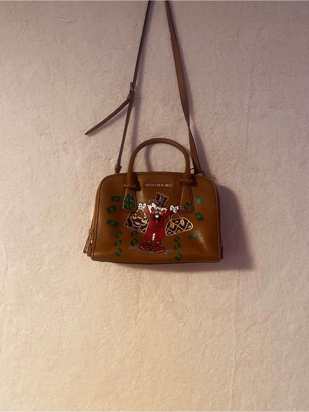 Michael Kors Tan Leather Crossbody Satchel with Playful hand, drawn Graphic